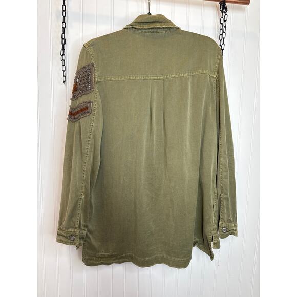 Free People Embellished Military Jacket Green Army Fatigue Beaded Shirt Size S - Picture 4 of 8